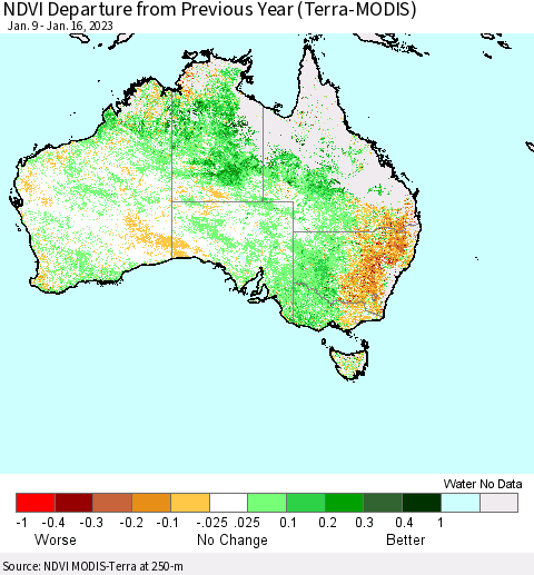 Australia NDVI Departure from Previous Year (Terra-MODIS) Thematic Map For 1/9/2023 - 1/16/2023