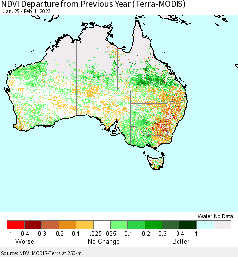 Australia NDVI Departure from Previous Year (Terra-MODIS) Thematic Map For 1/25/2023 - 2/1/2023