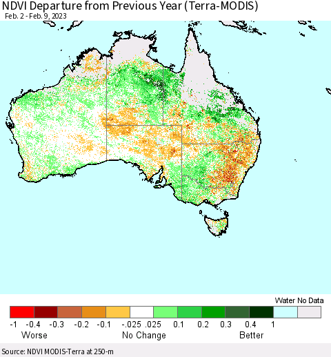 Australia NDVI Departure from Previous Year (Terra-MODIS) Thematic Map For 2/2/2023 - 2/9/2023