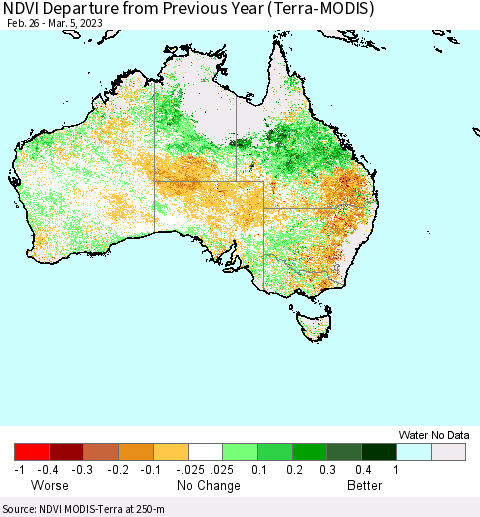 Australia NDVI Departure from Previous Year (Terra-MODIS) Thematic Map For 2/26/2023 - 3/5/2023
