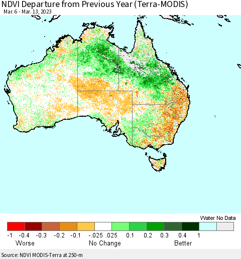 Australia NDVI Departure from Previous Year (Terra-MODIS) Thematic Map For 3/6/2023 - 3/13/2023