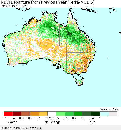 Australia NDVI Departure from Previous Year (Terra-MODIS) Thematic Map For 3/14/2023 - 3/21/2023
