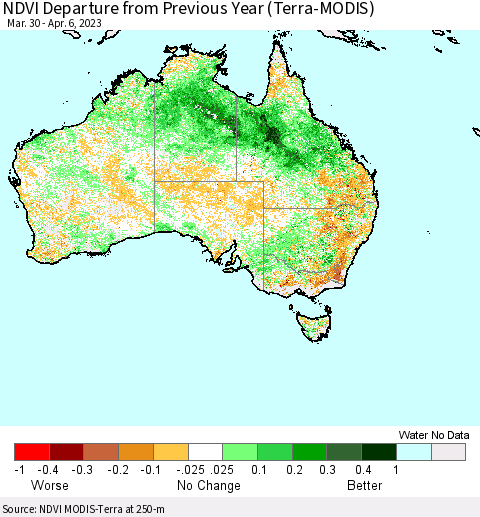 Australia NDVI Departure from Previous Year (Terra-MODIS) Thematic Map For 3/30/2023 - 4/6/2023
