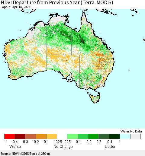 Australia NDVI Departure from Previous Year (Terra-MODIS) Thematic Map For 4/7/2023 - 4/14/2023