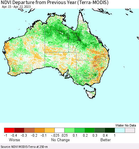 Australia NDVI Departure from Previous Year (Terra-MODIS) Thematic Map For 4/15/2023 - 4/22/2023