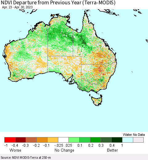 Australia NDVI Departure from Previous Year (Terra-MODIS) Thematic Map For 4/23/2023 - 4/30/2023
