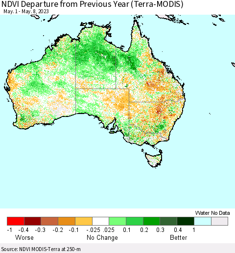 Australia NDVI Departure from Previous Year (Terra-MODIS) Thematic Map For 5/1/2023 - 5/8/2023