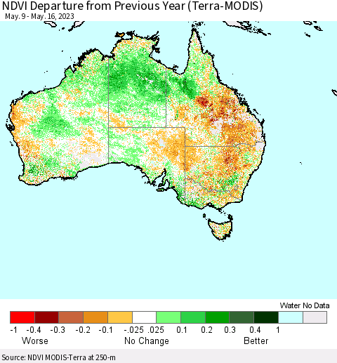Australia NDVI Departure from Previous Year (Terra-MODIS) Thematic Map For 5/9/2023 - 5/16/2023