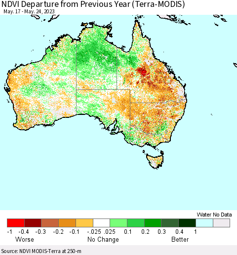 Australia NDVI Departure from Previous Year (Terra-MODIS) Thematic Map For 5/17/2023 - 5/24/2023