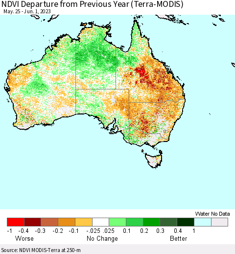 Australia NDVI Departure from Previous Year (Terra-MODIS) Thematic Map For 5/25/2023 - 6/1/2023
