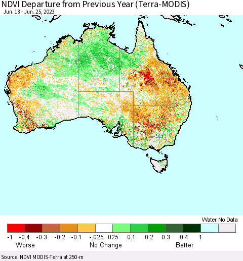 Australia NDVI Departure from Previous Year (Terra-MODIS) Thematic Map For 6/18/2023 - 6/25/2023