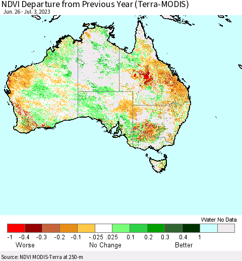 Australia NDVI Departure from Previous Year (Terra-MODIS) Thematic Map For 6/26/2023 - 7/3/2023