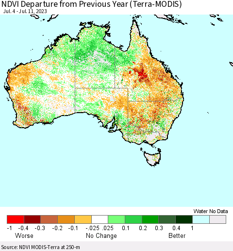 Australia NDVI Departure from Previous Year (Terra-MODIS) Thematic Map For 7/4/2023 - 7/11/2023