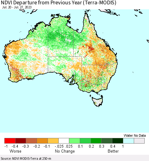 Australia NDVI Departure from Previous Year (Terra-MODIS) Thematic Map For 7/20/2023 - 7/27/2023