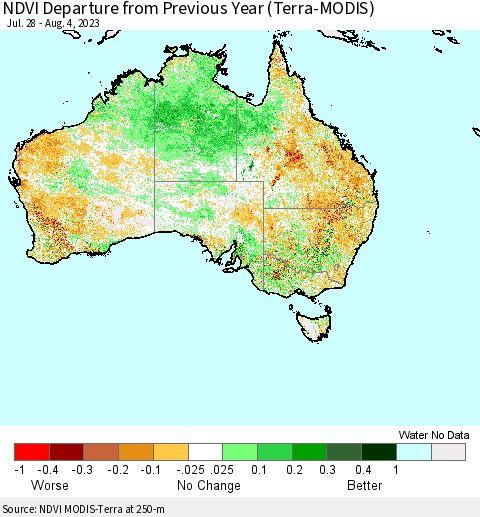 Australia NDVI Departure from Previous Year (Terra-MODIS) Thematic Map For 7/28/2023 - 8/4/2023