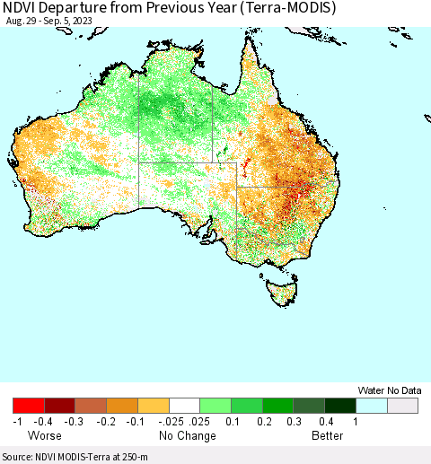 Australia NDVI Departure from Previous Year (Terra-MODIS) Thematic Map For 8/29/2023 - 9/5/2023