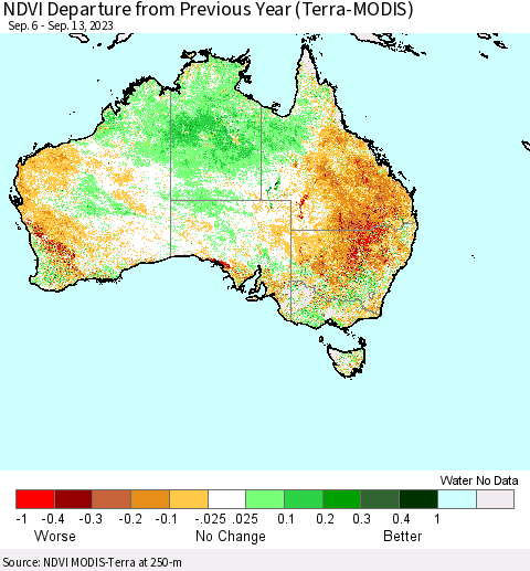 Australia NDVI Departure from Previous Year (Terra-MODIS) Thematic Map For 9/6/2023 - 9/13/2023
