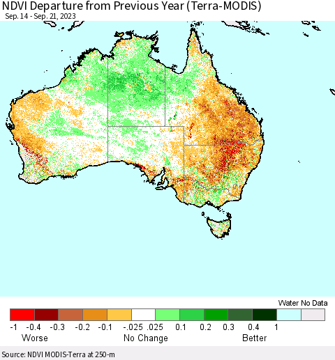 Australia NDVI Departure from Previous Year (Terra-MODIS) Thematic Map For 9/14/2023 - 9/21/2023