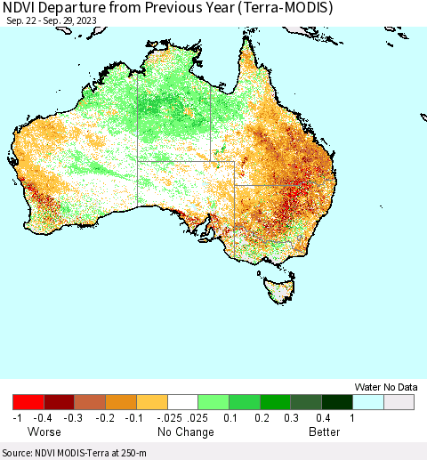 Australia NDVI Departure from Previous Year (Terra-MODIS) Thematic Map For 9/22/2023 - 9/29/2023