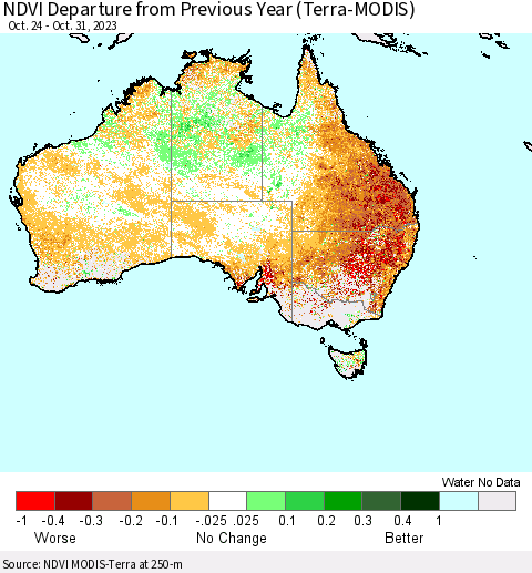 Australia NDVI Departure from Previous Year (Terra-MODIS) Thematic Map For 10/24/2023 - 10/31/2023