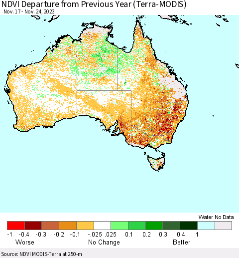 Australia NDVI Departure from Previous Year (Terra-MODIS) Thematic Map For 11/17/2023 - 11/24/2023