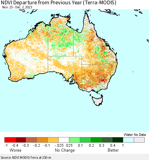 Australia NDVI Departure from Previous Year (Terra-MODIS) Thematic Map For 11/25/2023 - 12/2/2023
