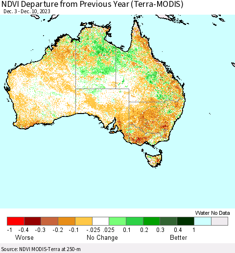 Australia NDVI Departure from Previous Year (Terra-MODIS) Thematic Map For 12/3/2023 - 12/10/2023