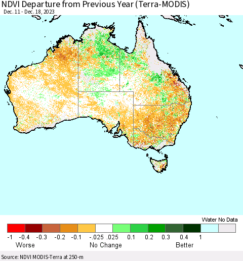 Australia NDVI Departure from Previous Year (Terra-MODIS) Thematic Map For 12/11/2023 - 12/18/2023