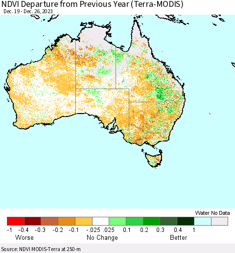 Australia NDVI Departure from Previous Year (Terra-MODIS) Thematic Map For 12/19/2023 - 12/26/2023