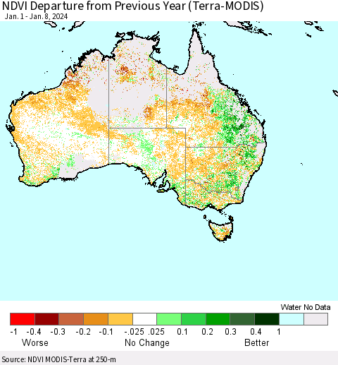 Australia NDVI Departure from Previous Year (Terra-MODIS) Thematic Map For 1/1/2024 - 1/8/2024