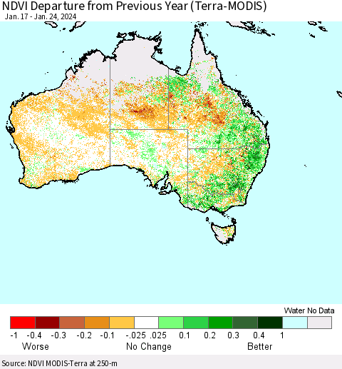 Australia NDVI Departure from Previous Year (Terra-MODIS) Thematic Map For 1/17/2024 - 1/24/2024