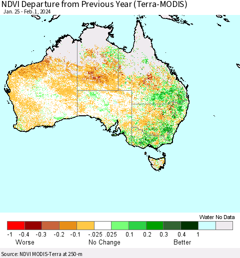 Australia NDVI Departure from Previous Year (Terra-MODIS) Thematic Map For 1/25/2024 - 2/1/2024
