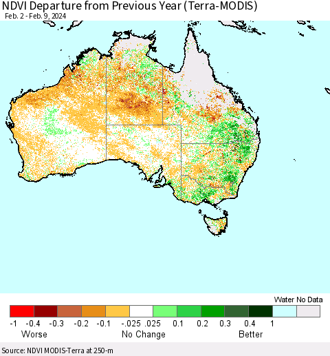 Australia NDVI Departure from Previous Year (Terra-MODIS) Thematic Map For 2/2/2024 - 2/9/2024