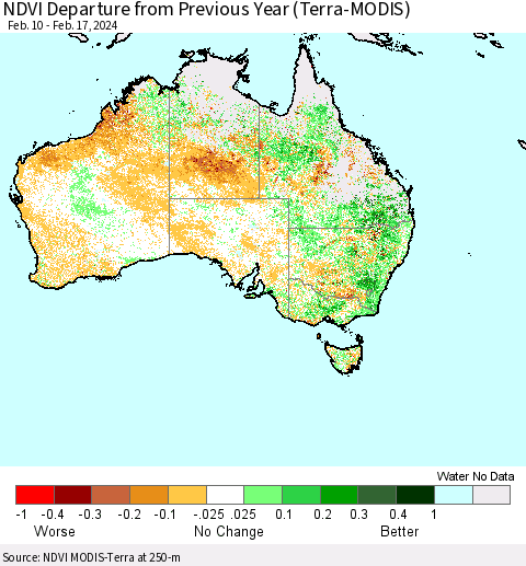 Australia NDVI Departure from Previous Year (Terra-MODIS) Thematic Map For 2/10/2024 - 2/17/2024