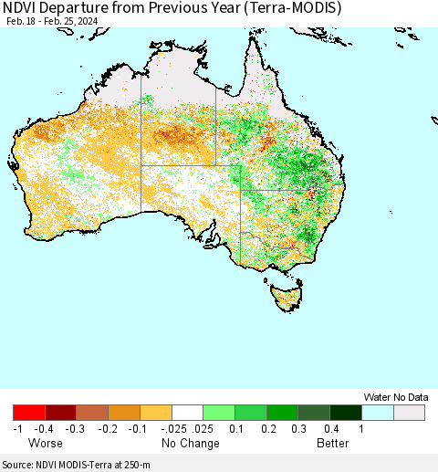 Australia NDVI Departure from Previous Year (Terra-MODIS) Thematic Map For 2/18/2024 - 2/25/2024