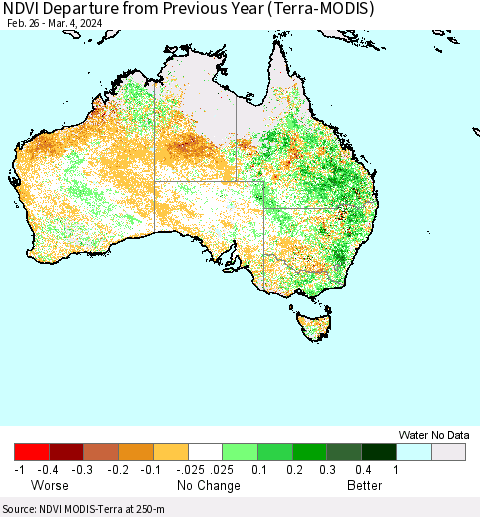 Australia NDVI Departure from Previous Year (Terra-MODIS) Thematic Map For 2/26/2024 - 3/4/2024