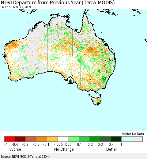 Australia NDVI Departure from Previous Year (Terra-MODIS) Thematic Map For 3/5/2024 - 3/12/2024