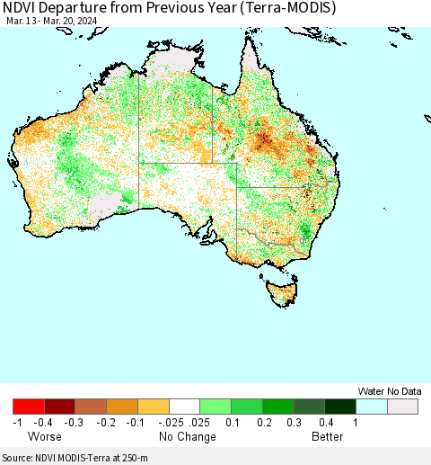 Australia NDVI Departure from Previous Year (Terra-MODIS) Thematic Map For 3/13/2024 - 3/20/2024