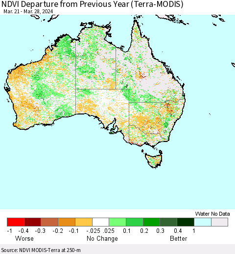 Australia NDVI Departure from Previous Year (Terra-MODIS) Thematic Map For 3/21/2024 - 3/28/2024