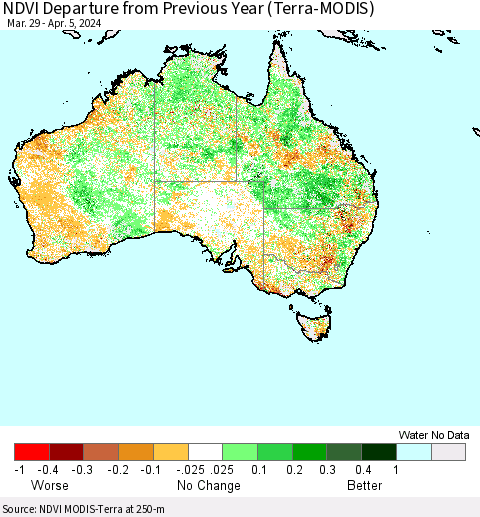 Australia NDVI Departure from Previous Year (Terra-MODIS) Thematic Map For 3/29/2024 - 4/5/2024