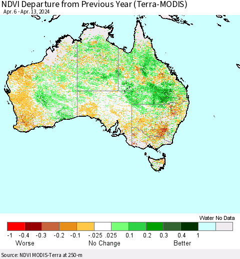 Australia NDVI Departure from Previous Year (Terra-MODIS) Thematic Map For 4/6/2024 - 4/13/2024