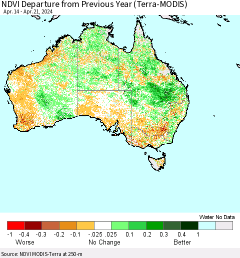 Australia NDVI Departure from Previous Year (Terra-MODIS) Thematic Map For 4/14/2024 - 4/21/2024