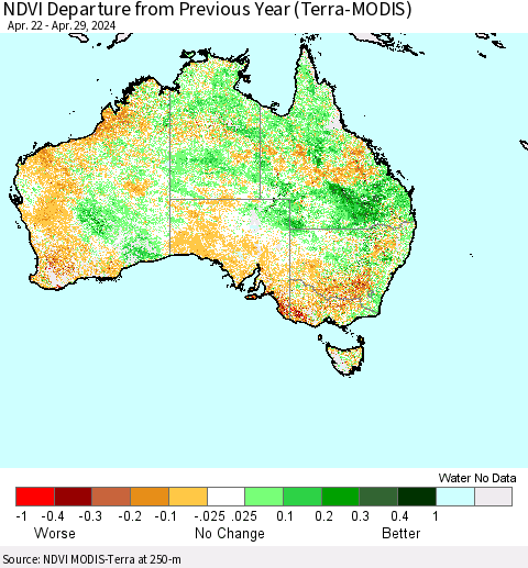 Australia NDVI Departure from Previous Year (Terra-MODIS) Thematic Map For 4/22/2024 - 4/29/2024