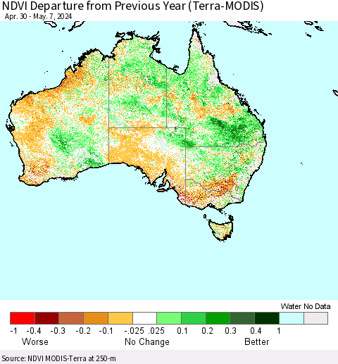 Australia NDVI Departure from Previous Year (Terra-MODIS) Thematic Map For 4/30/2024 - 5/7/2024