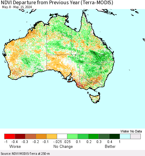 Australia NDVI Departure from Previous Year (Terra-MODIS) Thematic Map For 5/8/2024 - 5/15/2024