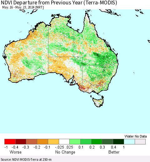 Australia NDVI Departure from Previous Year (Terra-MODIS) Thematic Map For 5/16/2024 - 5/23/2024