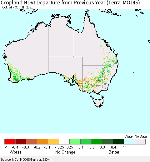 Australia Cropland NDVI Departure from Previous Year (Terra-MODIS) Thematic Map For 10/24/2021 - 10/31/2021