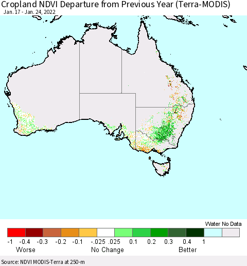 Australia Cropland NDVI Departure from Previous Year (Terra-MODIS) Thematic Map For 1/17/2022 - 1/24/2022