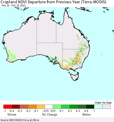 Australia Cropland NDVI Departure from Previous Year (Terra-MODIS) Thematic Map For 2/18/2022 - 2/25/2022