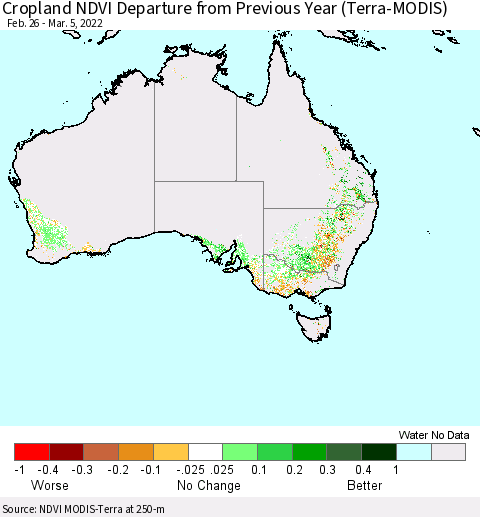 Australia Cropland NDVI Departure from Previous Year (Terra-MODIS) Thematic Map For 2/26/2022 - 3/5/2022